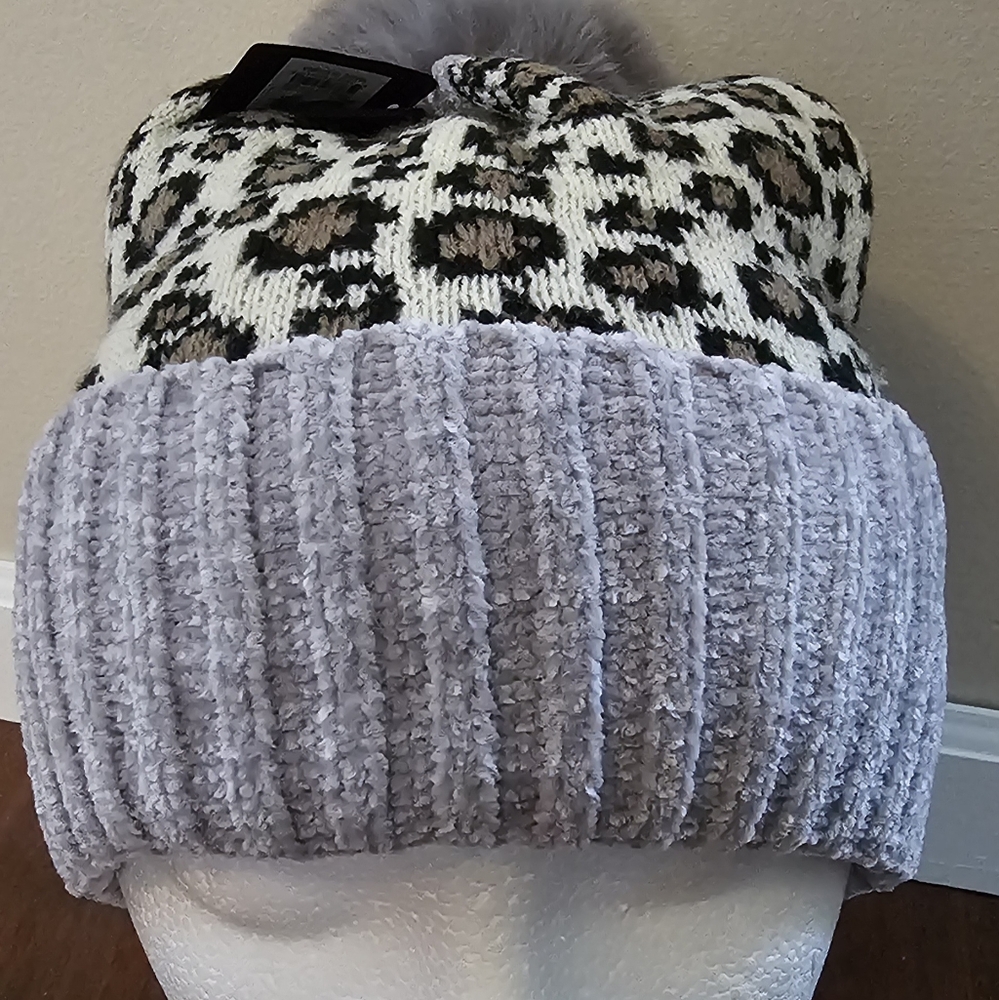 Silver Leopard Print Beanie With Pom Pom